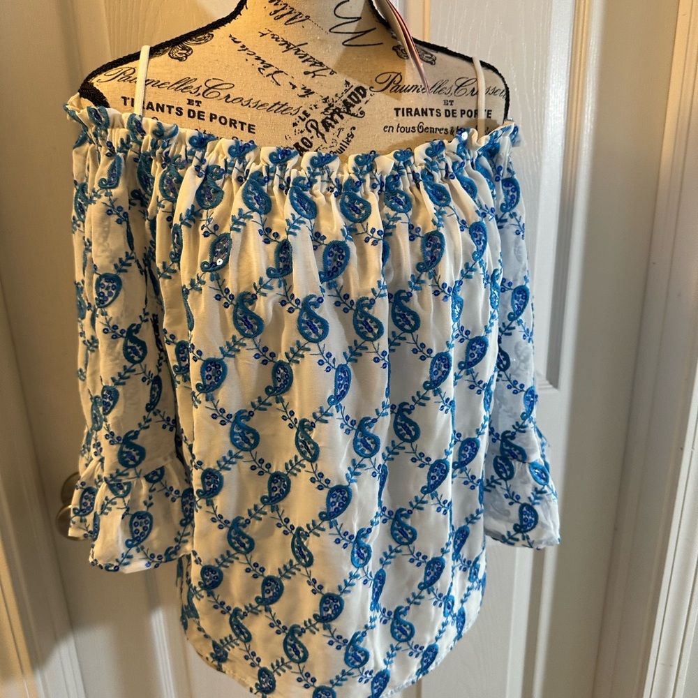 Lilly Pulitzer Blue and White Relaxed Ruffled Blouse